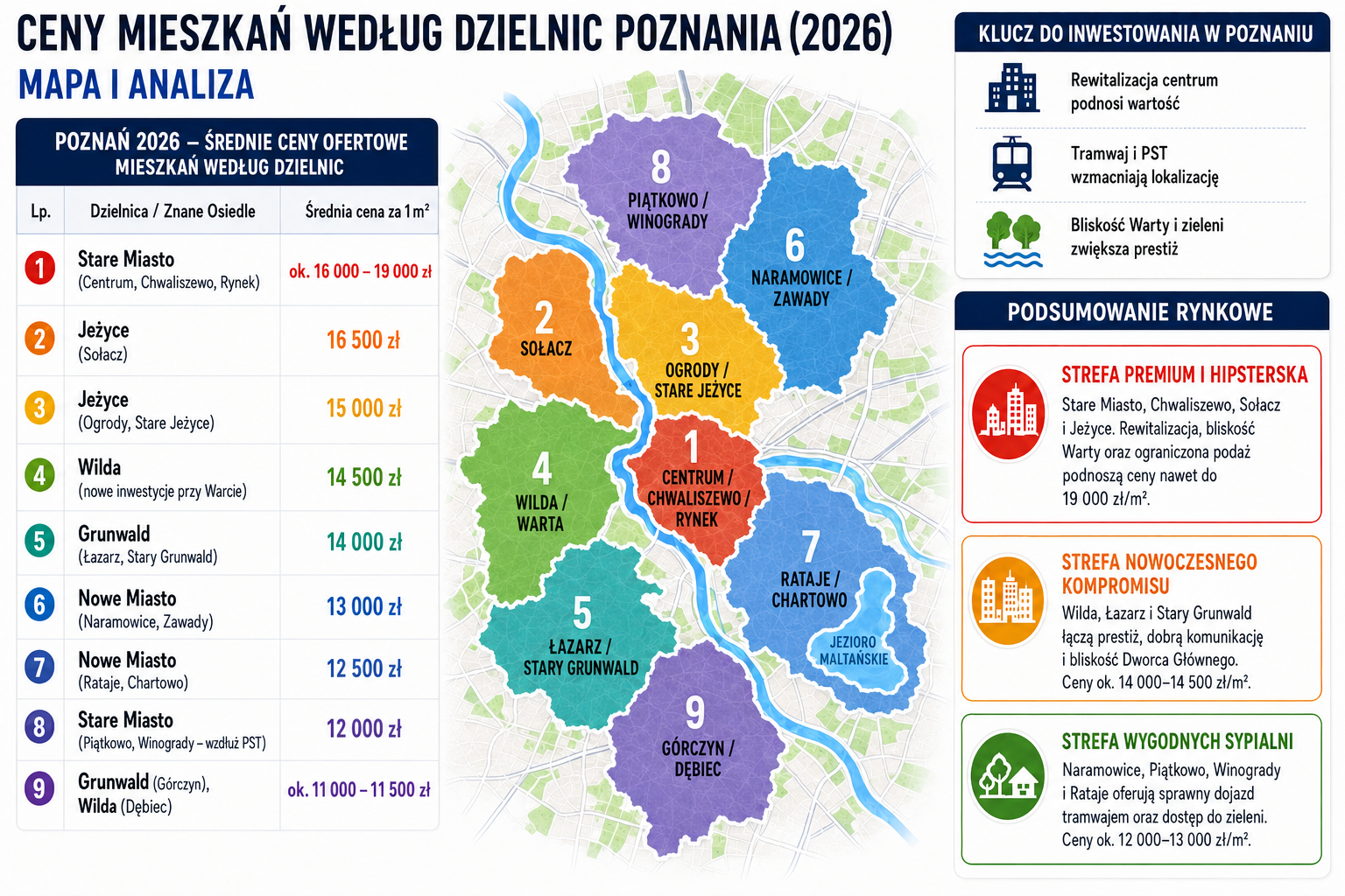 Poznań 2026 - Średnie ceny ofertowe mieszkań według dzielnic