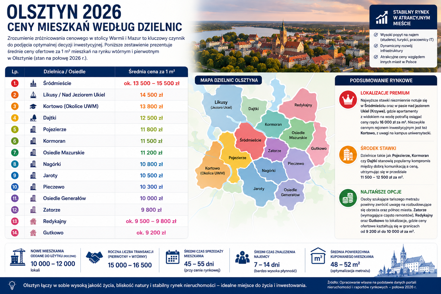 Olsztyn 2026 - Średnie ceny ofertowe mieszkań według dzielnic