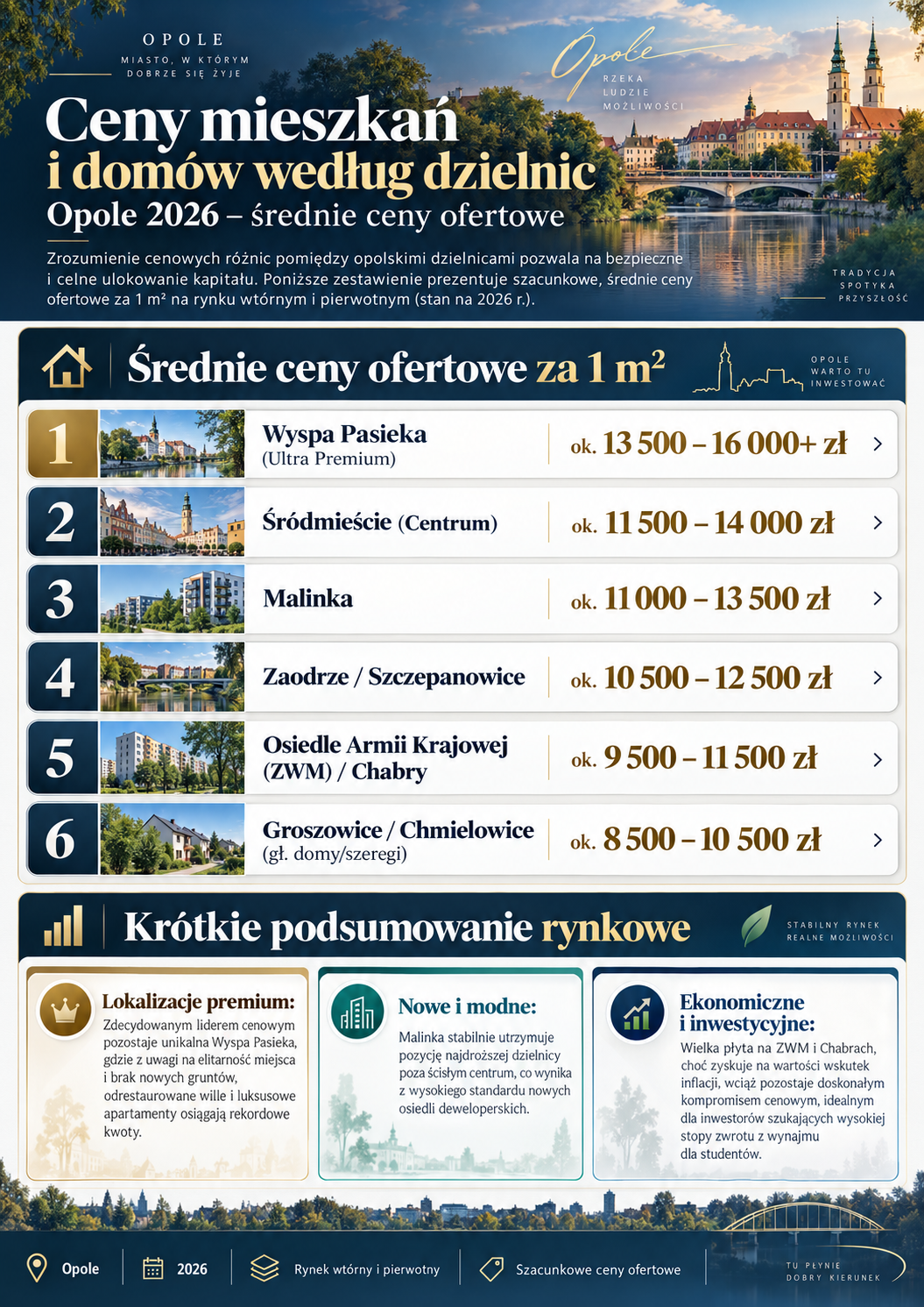 Opole 2026 - Średnie ceny ofertowe mieszkań według dzielnic